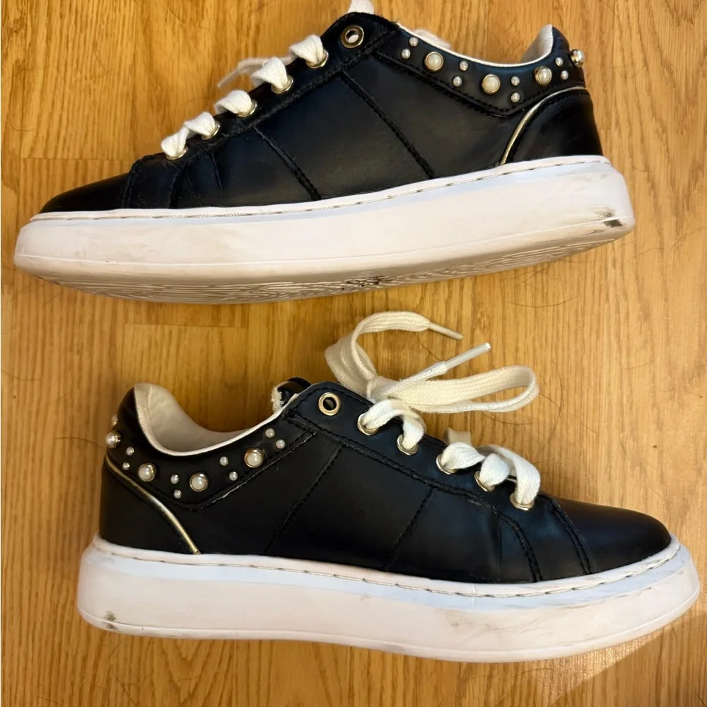 Twinset Milano Black Leather Platform Sneakers Pearl Studded